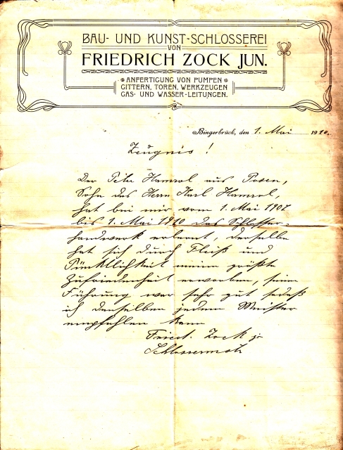 Bib Arbeitszeugnis Zock Schlosserei 1910 Bib Arbeitszeugnis Zock Schlosserei 1910