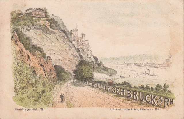 Bib Litho1900 Schrfitzug Bingerbrueck Schweizerhaus u Rheinstein