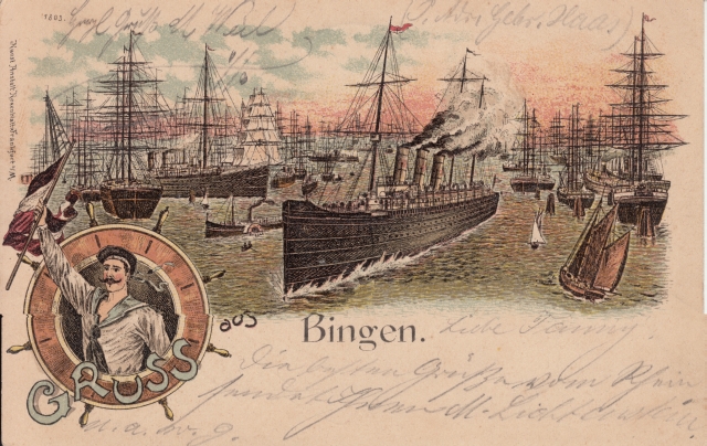 Bin Gruss aus Dampfer u Segelschiffe gel 1898