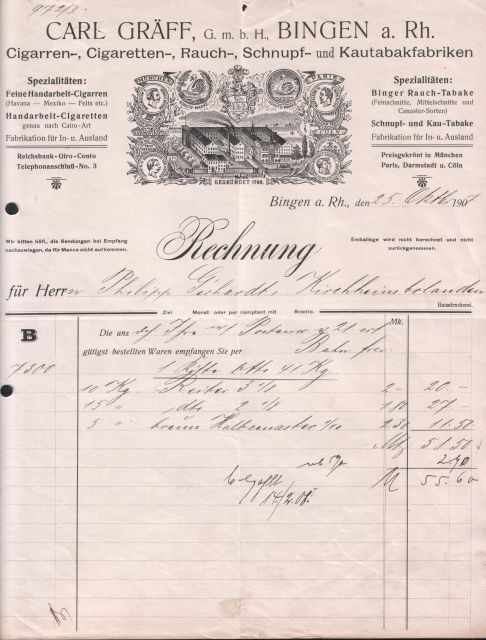 Bin Tabakfabrik Graeff Rechnung 1907