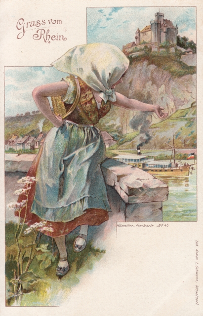 Gruss vom Rhein Kuenstlerpostkarte Maedel Burg 1900