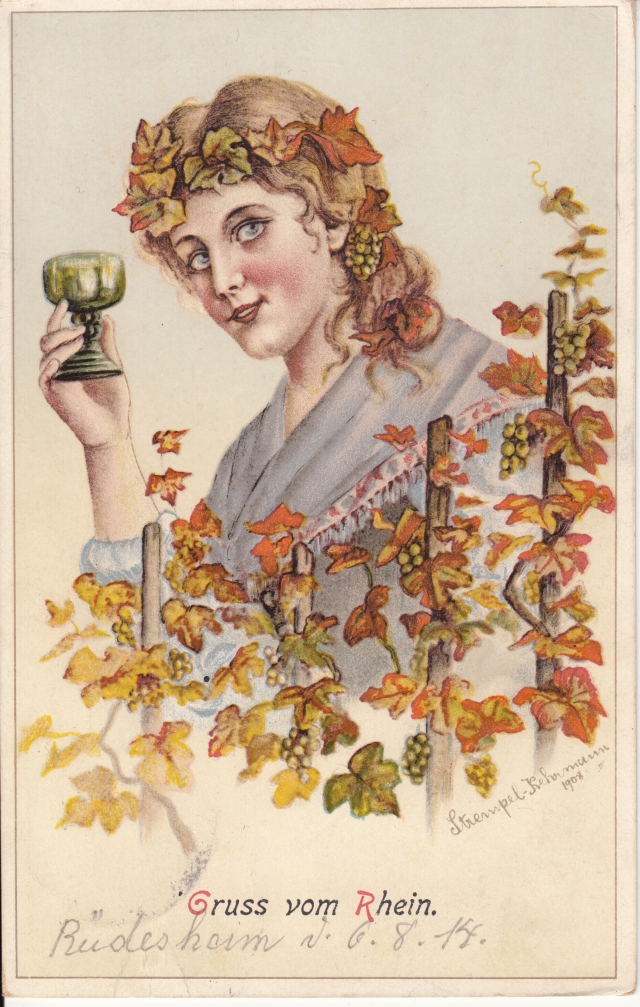 Rheingruss 1914 Maegdelein mit Trauben u Glas