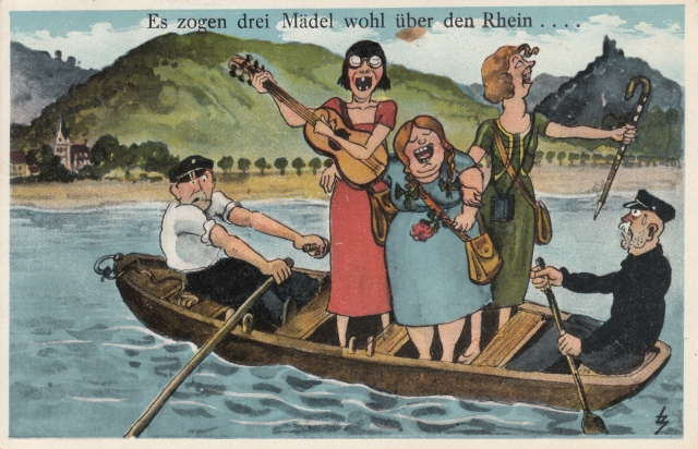 Es zogen 3 ... Scherzkarte mit 3 Frauen gel 1936