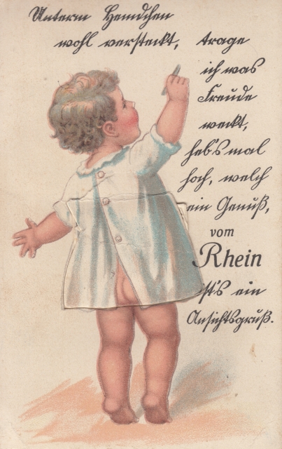 Leporello Kind malt an Wand Text unsicher