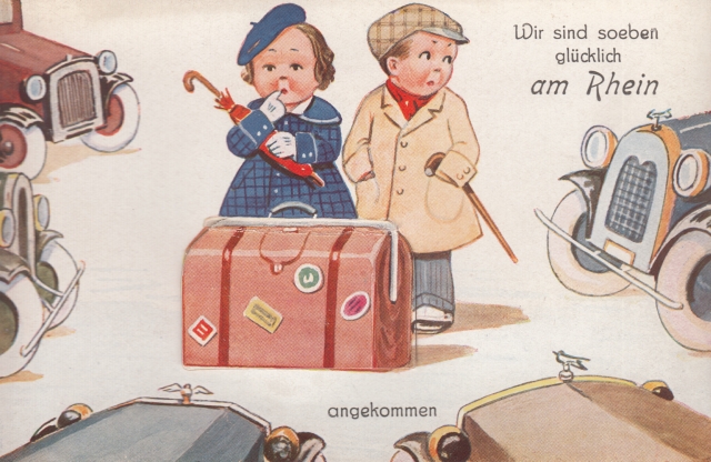 Leporello Paar Automobile _am Rhein angekommen
