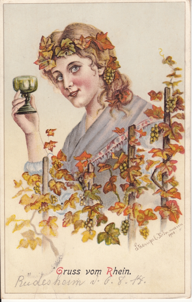 Rheingruss 1914 Maegdelein mit Trauben u Glas Rheingruss 1914 Maegdelein mit Trauben u Glas