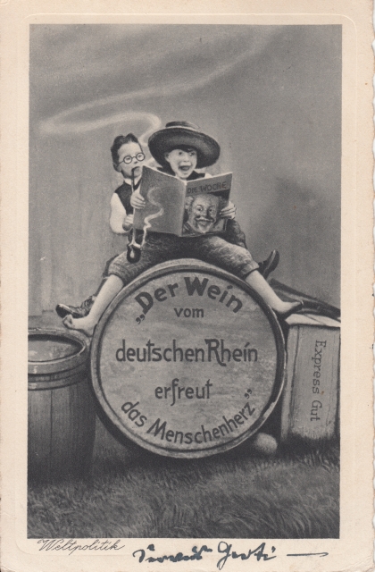 Rheingruss Kinder auf Weinfass 1939 Rheingruss Kinder auf Weinfass 1939