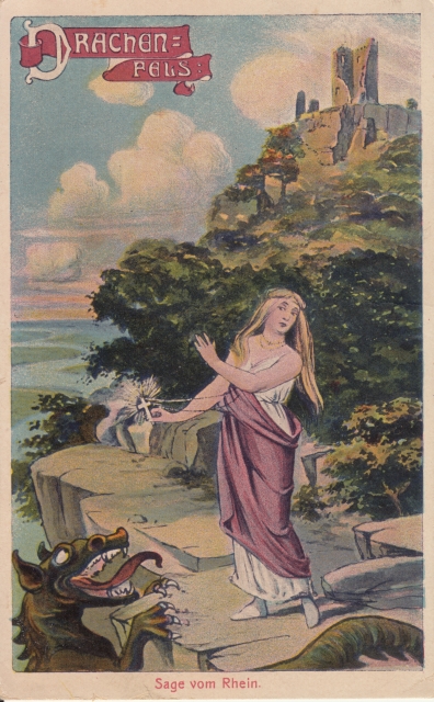 Rheingruss_ Sage vom Drachenfels Jungfrau Drache um 1900 Rheingruss_ Sage vom Drachenfels Jungfrau Drache um 1900